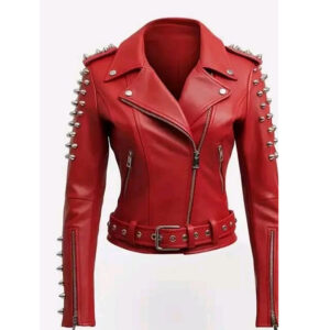 Ladies Red Hot Studded Biker Leather Jacket
